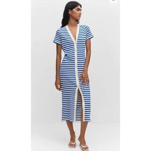 MNG Mango Blue White Striped Knit Midi Dress Button Front V-Neck XXS KNIT DRESS